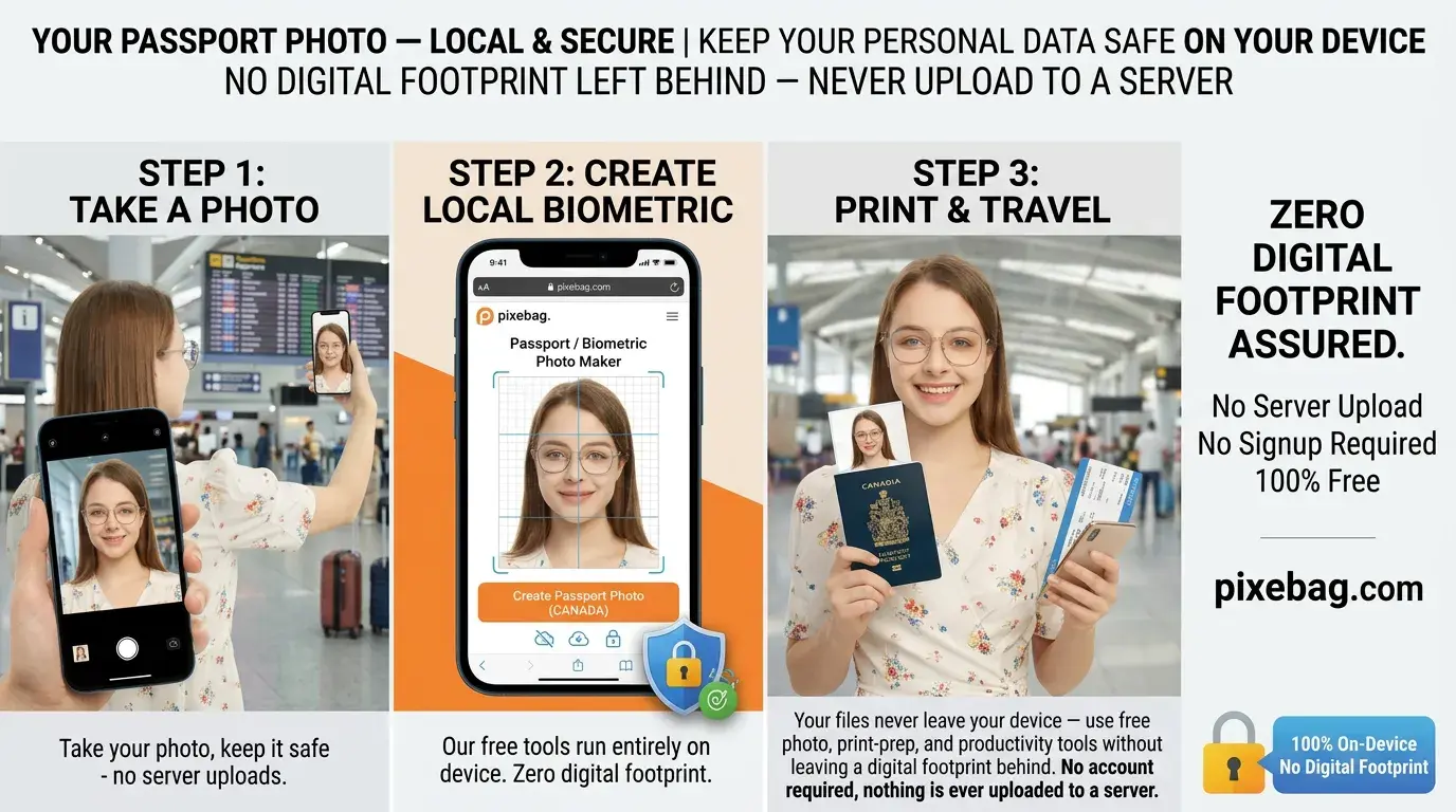 Pixebag Biometric Photo — three steps: take a photo, create a passport photo on your phone, then print it and travel