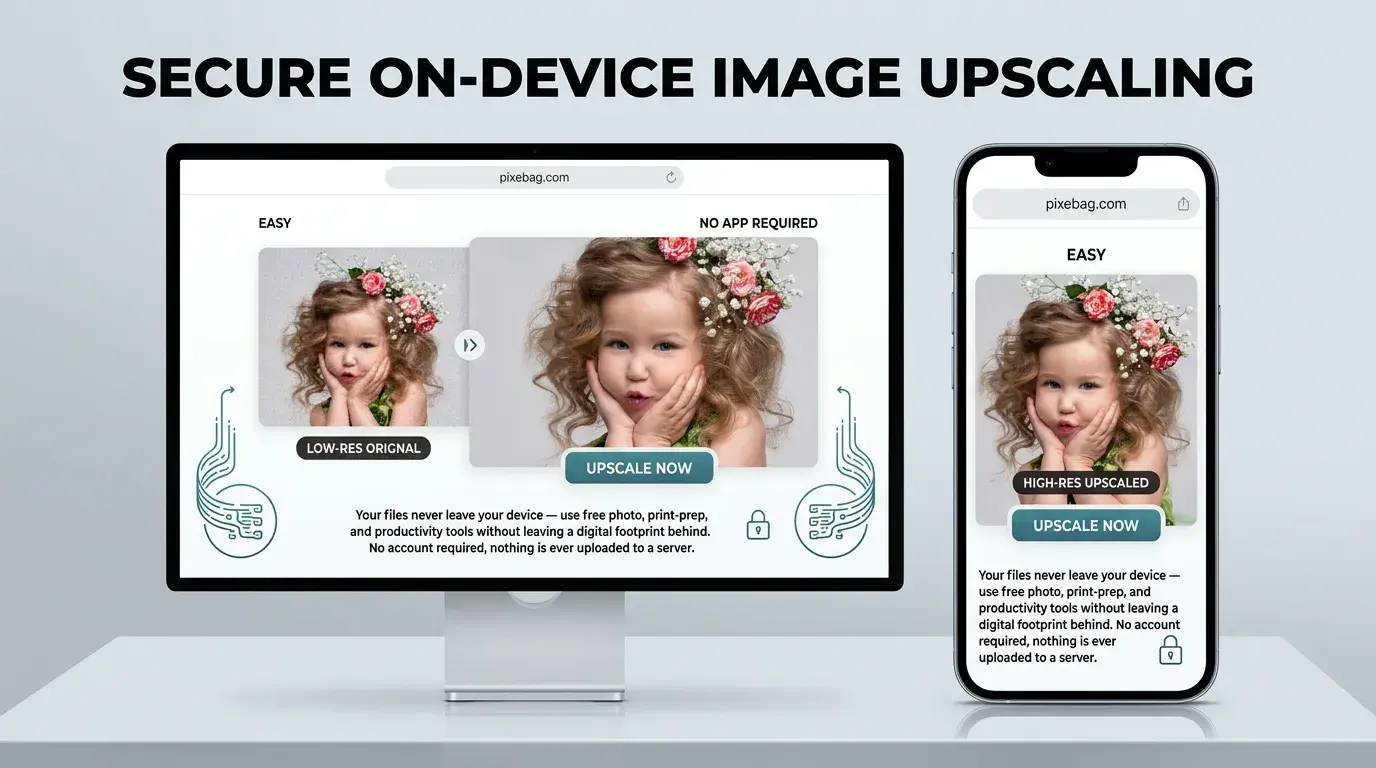 Pixebag Image Upscaler — a low-resolution portrait next to its sharper upscaled version on desktop and mobile